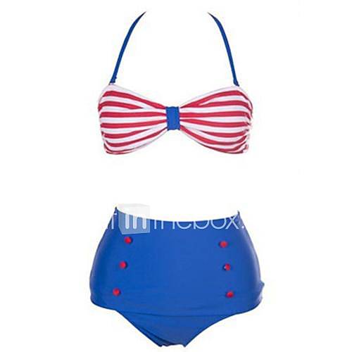 Womens Vintage Halterneck Color Matching Stripe Six Buttons Swimsuit Bikini