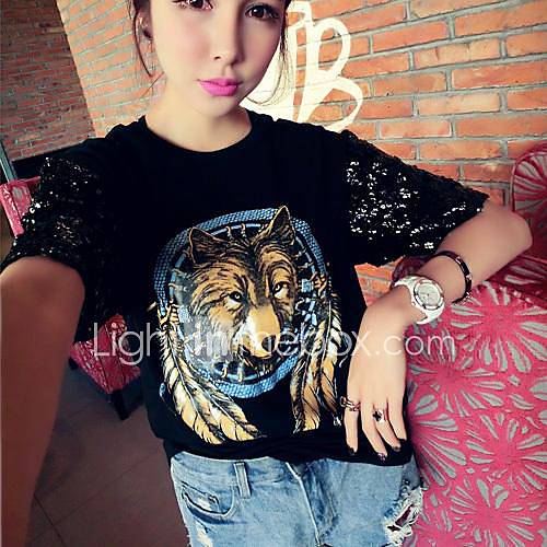 Womens Korean Style Manual Beads Wolf Sequin Loose T Shirt