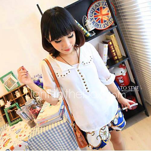 Womens V Neck Rivet Loose Chiffon Blouse