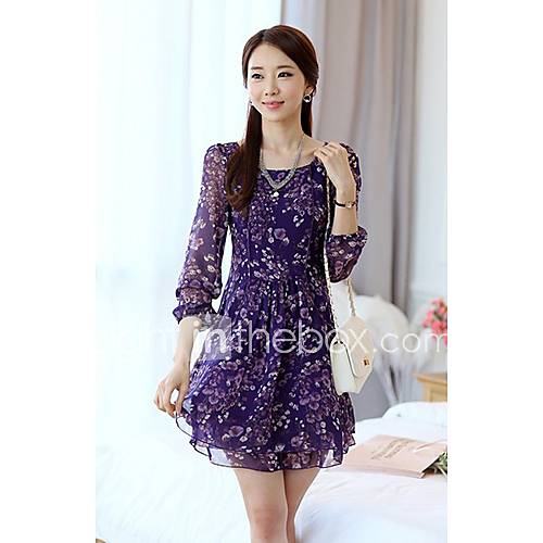 Lanliersi Ladys Garden Floral Long Sleeve Slim A Line High Waist Chiffon Dress (Purple)