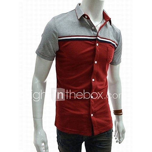 ZHELIN Mens Lapel Neck Short Sleeve Bodycon Contrast Color Wine 100% Cotton T Shirt