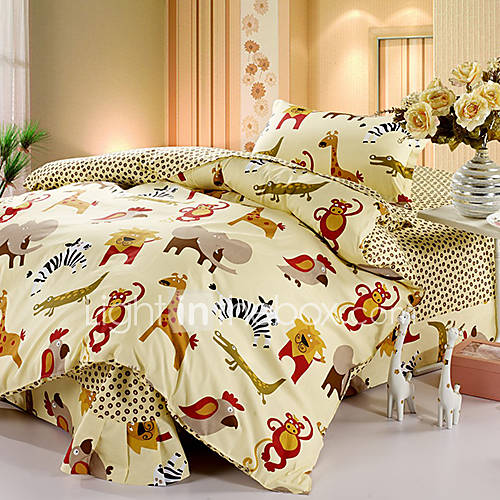 Duvet Cover,3 Piece Cotton Cartoon Animals