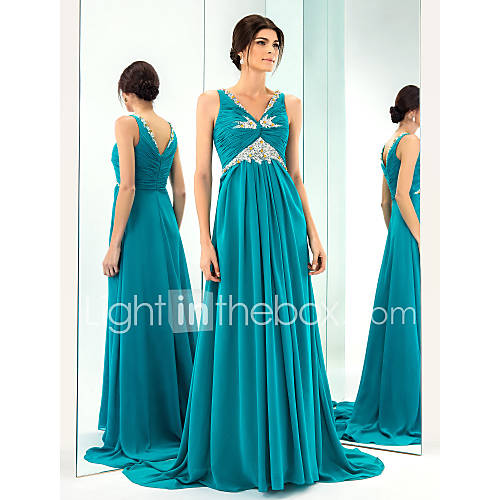 A line/Princess V neck Sweep/Brush Train Chiffon Evening Dress