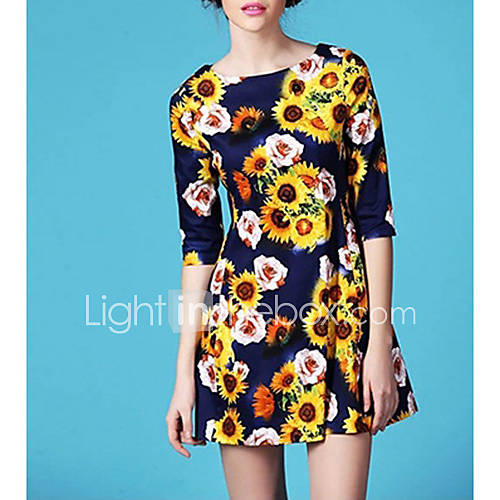 HAND Womens Lovely Floral Pattern Cropped Sleeves Dress