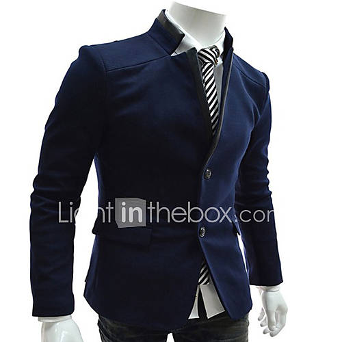 HKWB Casual Leather Joint Stand Collar Suit Coat(Navy Blue)