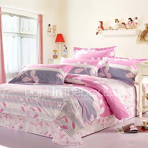 Duvet Cover Set,4 Piece Reactive Print 100% Cotton Modern Leaf Pink