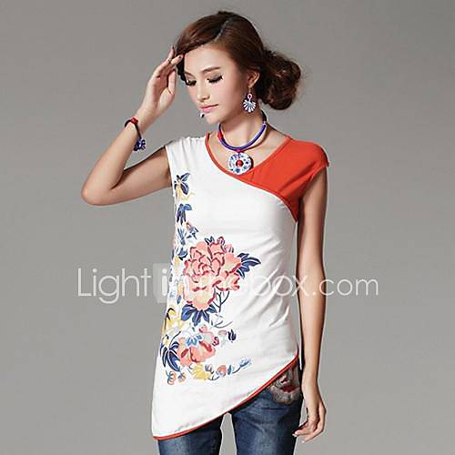 Womens Ethnic Print Contrast Color Asymmetrical T shirt