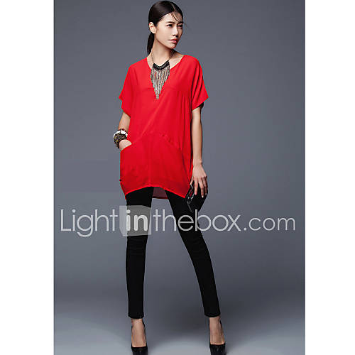 Verragee Bat Sleeve V Neck Loose Fit Dress(Red)