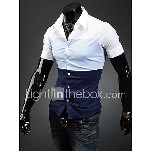Midoo Short Sleeved Contrast Color Stand Collar Shirt(Blue)