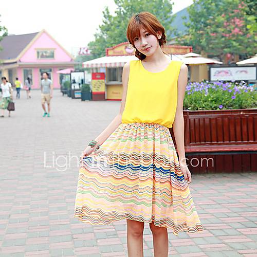 Qcqy Bohemian Round Neck Chiffon Vest Vacation Dress (Yellow)