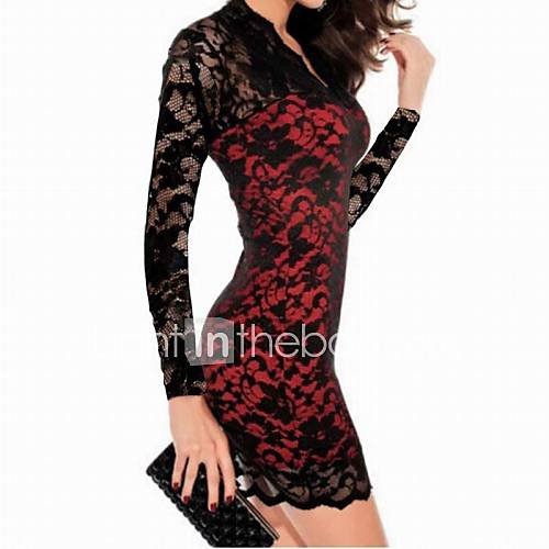 Sexy Lace Half A Hollow Out Long Sleeved V neck Package Buttocks Dress