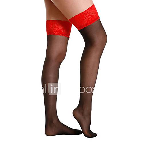 Box Packed Sheer Thigh High Wedding Stockings with Contrast Red Lace Top