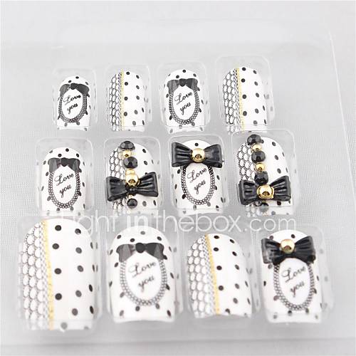 12 PCS Split Color Polka Dot Bow Acrylic UV Gel False Nail Art Tips With Glue