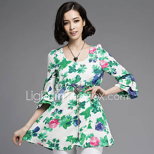 LCL Casual 3/4 Sleeve Floral Print Ruffle Knitted High Waist Dress(Screen Color)