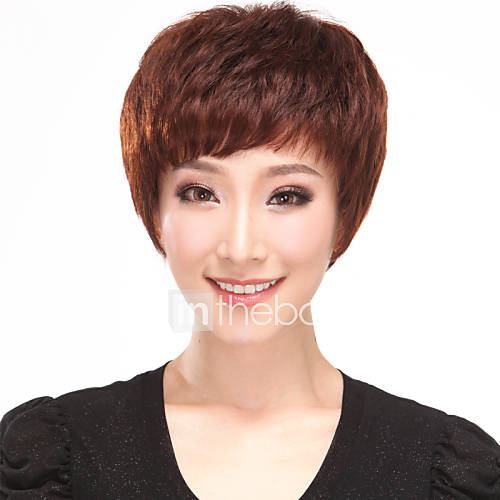 Young Fashion Human Hair Side Bangs Capless Short Straight Chocolate Brown Hair Wig