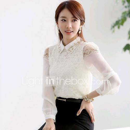 Womens Turn Down Drilling Collar Lace Joint Puff Sleeve Slim Shirt