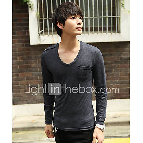 HKWB Casual Slim Cotton V Neck Long Sleeve T Shirt(Gray)