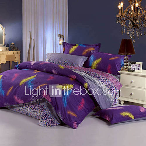 Duvet Cover Set,4 Piece Reactive Print 100% Cotton Modern Feather Dot Purple