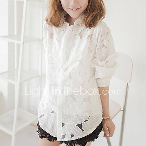 Womens Korean Style Dimensional Lace Flowers Long Sleeve Organza Shirts