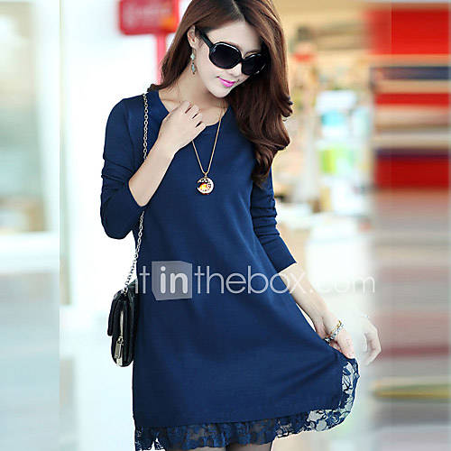 Loongzy Womens Korean Loose Fit Woolen Lace Long Sleeve Blue Dress