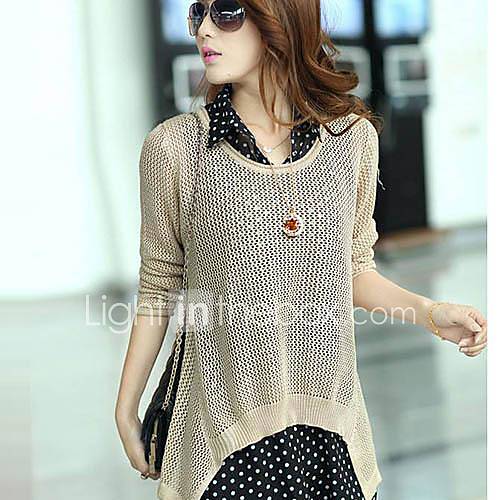 Women Long sleeved Chiffon Blouse Piece Hollow Plus Size Sweater Coat Knit Shirt