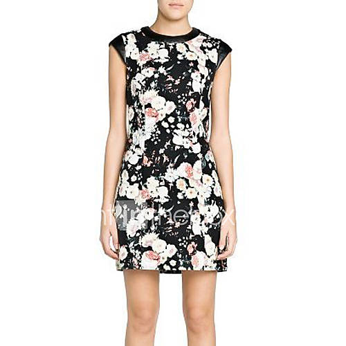 Calary Womens Floral Print Leather Split Joint Black Dress