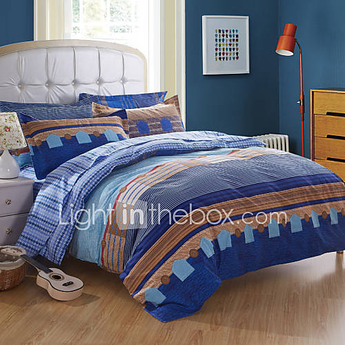 Duvet Cover Set,4 Piece 100% Cotton Country Stripe Blue