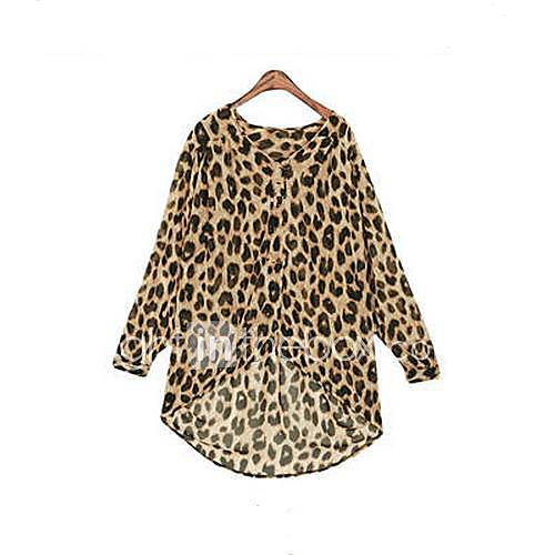 Womens V neck Irregular Leopard Grain Loose Big Yards Long Sleeve Shirt