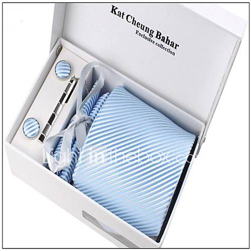 Mens Fashionable Light Blue Striped Polyester Ties Set Tie Hankie Cufflink Tie Clip with Box Bag