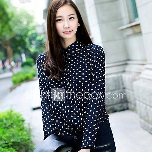 Womens Lapel Vintage Polka Dots Long Sleeve Chiffon Shirts