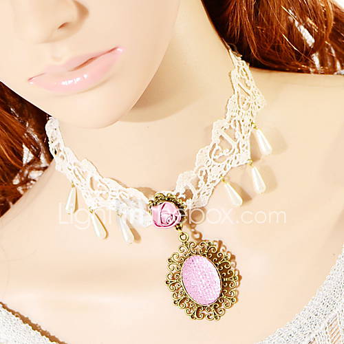 OMUTO Rose Lace Gem Pendant Fashion Necklace (White)