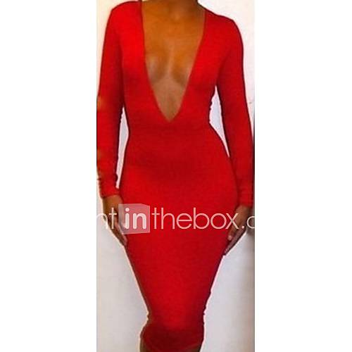 Womens Deep V Party Polyester Sexy Stretchy Dress