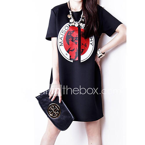 Rxhx Print Short Sleeve Loose Fit Slim A Line Dress (Black)