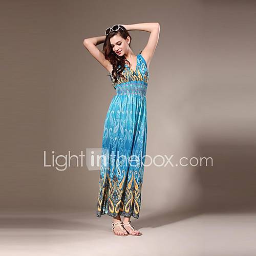 Maya Womens Casual V Neck Bohemian Print Maxi Dress