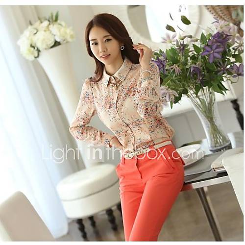 Womens Drilling Joint Turn Down Collar Printing Floral Puff Sleeve Chiffon Shirt