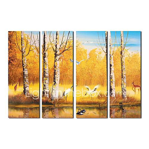 Hand Painted Oil Painting Landscape Swan Figure with Stretched Frame Set of 4