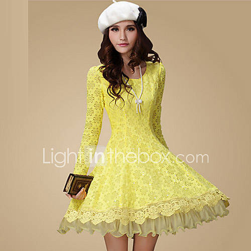 Loongzy Womens Korean Bodycon Thin Lace Long Sleeve Yellow Dress