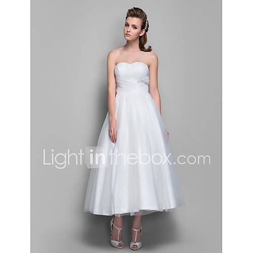 A line Strapless Tea length Tulle And Taffeta Wedding Dress (710772)