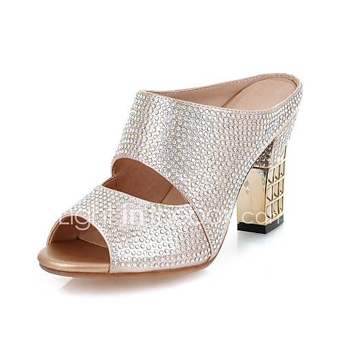 Leatherette Womens Chunky Heel Peep Toe Slippers With Rhinestone Shoes(More Colors)