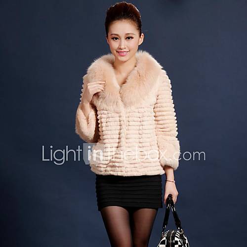 Womens Wave Pattern Rabbit Fur Coat with Fox Collars