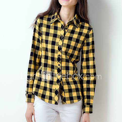 Veri Gude Womens Leisure All Match Long Sleeve Small Check Yellow Shirt