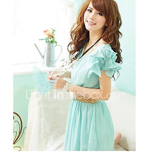 Womens V Collar Drilling Puff Sleeve Chiffon Dress