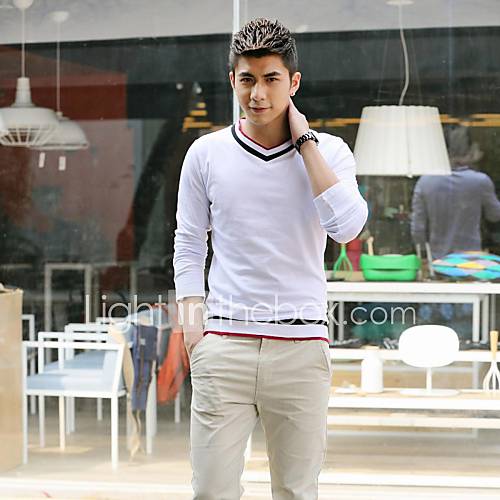 Mens V Collar Contrast Color Casual Long Sleeve Color Stripe T Shirt