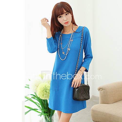 ZJ Womens 3/4 Sleeve Korean Round Neck Solid Color Blue Dress