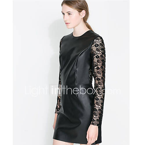 Calary Womens Lace Print Leather Black Dress