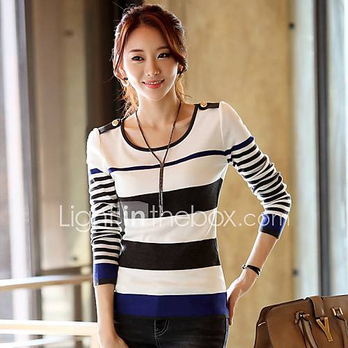 JFS Korea Sytle Womens Stripe Slim Fit Round COLlar Shirt
