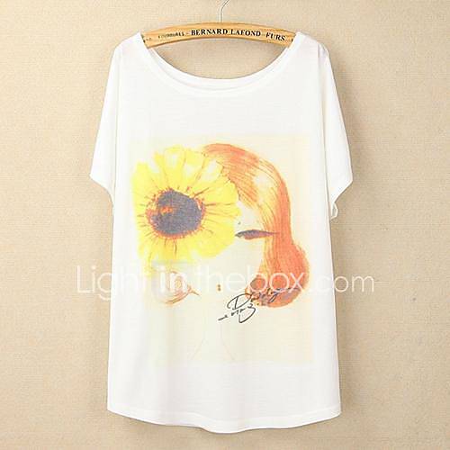 Womens Korean Printed Bat Sleeve Round Neck Short Sleeve T Shirt