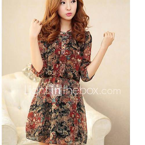 Womens Sweet Round Collor Flower Pattern 1/2 Sleeve Chiffon Mini Dresses