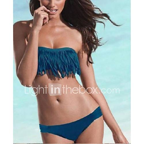 AIYITE Womens Summer European Style Tassels Ornament Strapless With Cup Split Swimsuit(Screen Color)