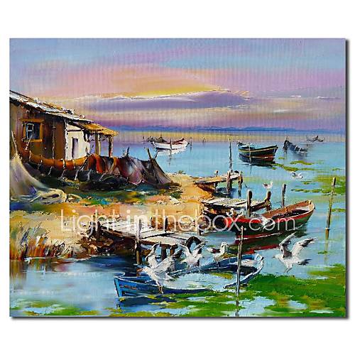 Hand Painted Oil Painting Landscape House on The Beach with Boats with Stretched Frame